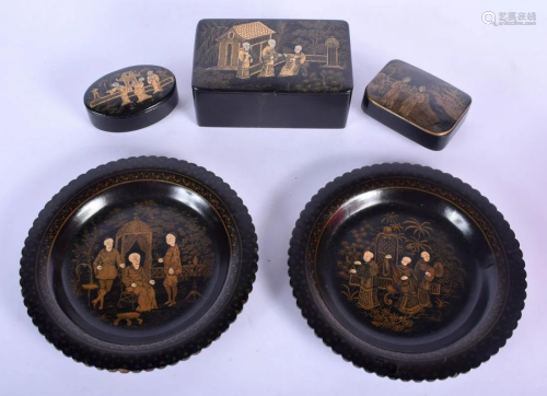 VICTORIAN BLACK LACQUER WARES painted with Chinoserie
