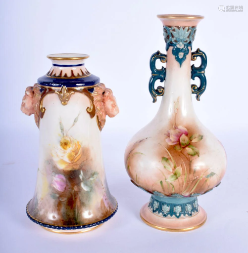 TWO ROYAL WORCESTER HADLEYS PORCELAIN VASES painted