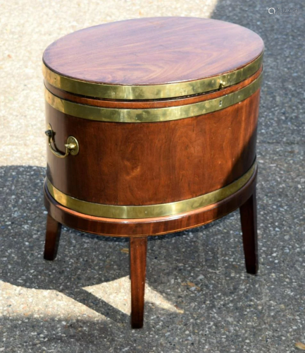 A GEORGE III BRASS INLAID WINE COOLER ON STAND with