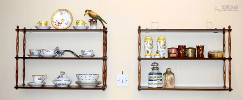 A PAIR OF MAHOGANY HANGING SHELVES. 60 cm x 40 cm.