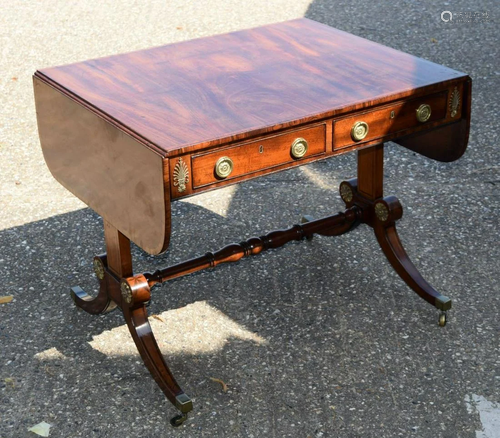 A REGENCY MAHOGANY DROP FLAP SOFA TABLE overlaid with