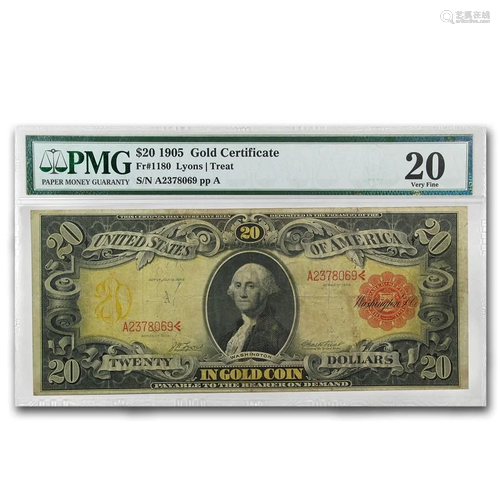 1905 $20 Gold Certificate Technicolor Note VF-20 PMG