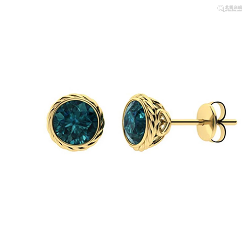 2.06 CTW Blue Diamond Studs Earrings 18K Yellow Gold