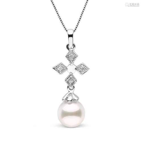 White Akoya Pearl and Diamond Cross Pendant