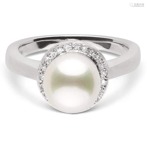 White Akoya Pearl and Diamond Halo Ring