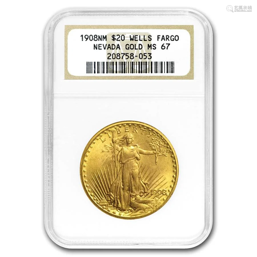 1908 $20 Saint-Gaudens Gold No Motto MS-67 NGC (Wells