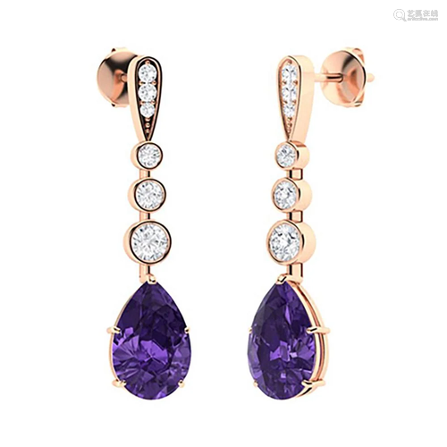 2.55 CTW Amethyst & Diamond Drops Earrings 18K Rose