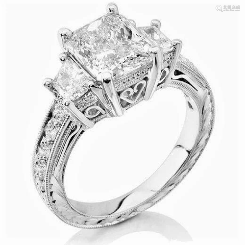 Natural 4.02 CTW Radiant Cut & trapezoids Diamond Ring