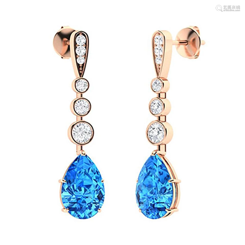 6.61 CTW Blue Topaz & Diamond Drops Earrings 18K Rose