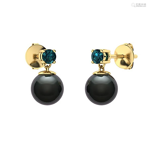 3.83 CTW Blue Diamond & Black Pearl Drops Earrings 14K