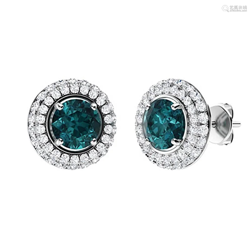 2.76 CTW Blue Diamond Halo Earrings 14K White Gold