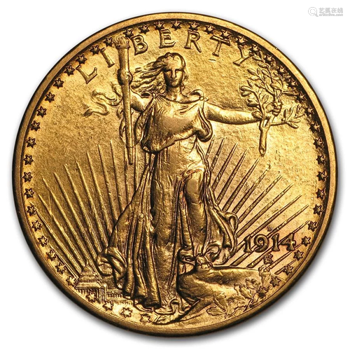 1914-D $20 Saint-Gaudens Gold Double Eagle AU