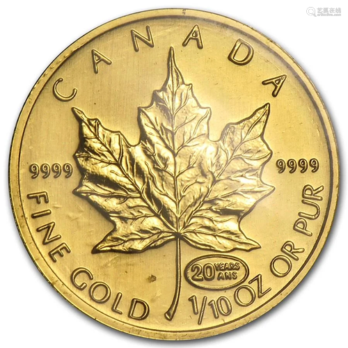 1999 Canada 1/10 oz Gold Maple Leaf BU (20 Years ANS