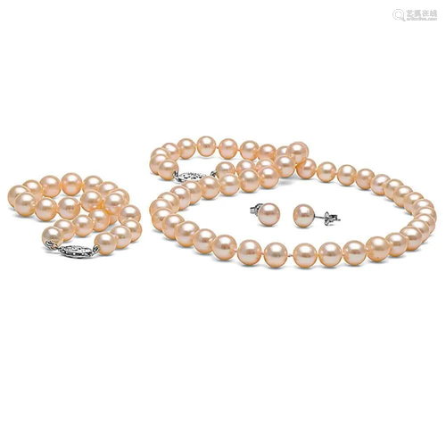 Pink Freshwater Pearl 3-Piece Jewelry Set, 7.5-8.0mm