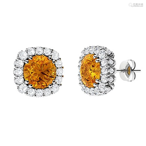 3.3 CTW Citrine Halo Earrings 14K White Gold