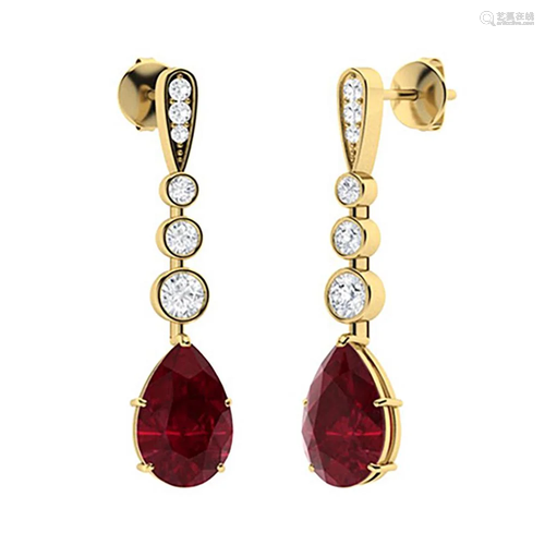 3.55 CTW Ruby & Diamond Drops Earrings 18K Yellow Gold