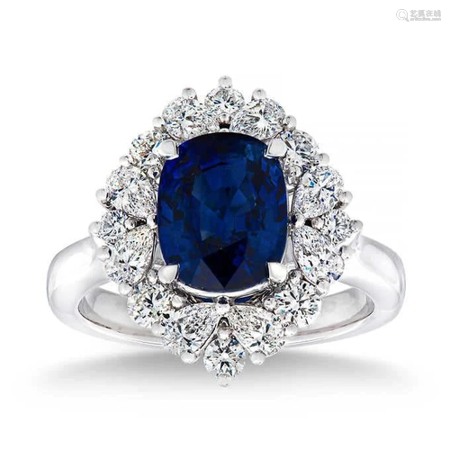 Natural 3.74 CT Blue Sapphire & Diamond Ring 18K White