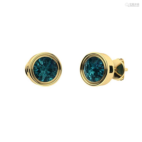 2.56 CTW Blue Diamond Studs Earrings 18K Yellow Gold