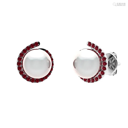 3.29 CTW Ruby & White Pearl Halo Earrings 18K White