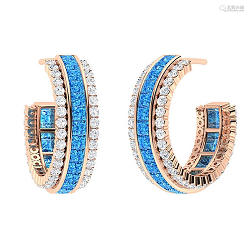 3.88 CTW Blue Topaz & Diamond Hoops Earrings 18K Rose