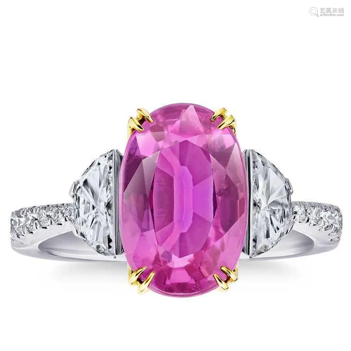 Natural 5.64 CT Pink Sapphire & Diamond Ring 18K White