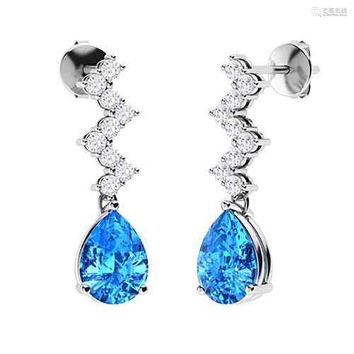 0.96 CTW Blue Topaz & Diamond Drops Earrings 14K White