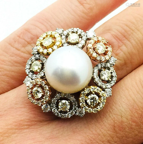 18k Multi-tone Gold 2TCW Diamond 12mm Pearl Ring Sz5.75