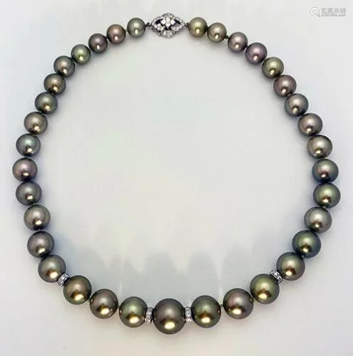 14K White Gold Tahitian Pearl Diamonds Beaded Necklace