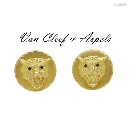 Van Cleef & Arpels 18k Tiger Face Ruby Eyes Cufflinks