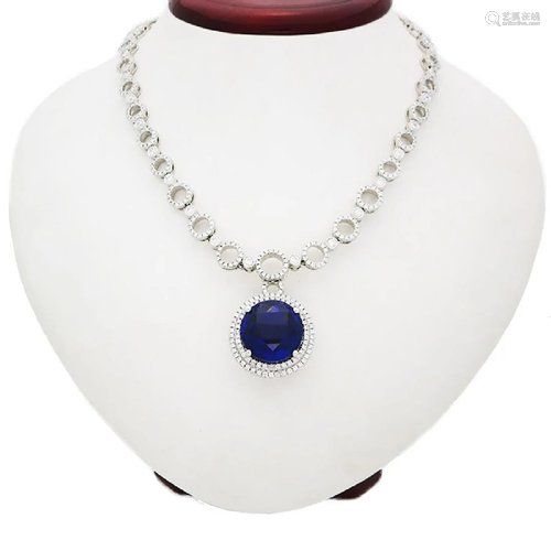 Modern 18K Gold, diamond large round Tanzanite Necklace