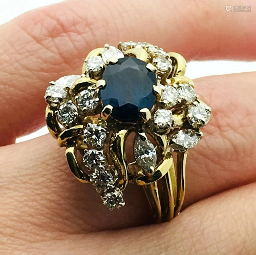 18k 2.2TCW Diamond Sapphire 19mm Ring Size 7