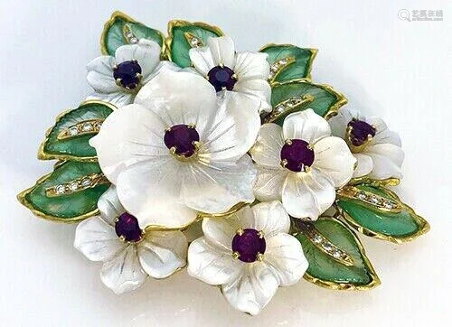 Emis 18K Mother-of-Pearl Jade Ruby Diamond Flowers Pin