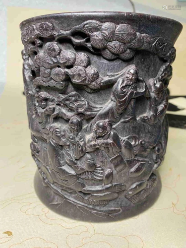 Chinese Black Ebony Depicting Brush Pot with