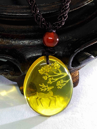 Golden Blue Amber carving Sika Deer and Tree Amulet