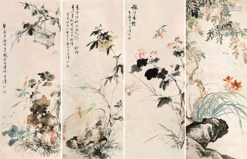 王雪涛（1903-1982） 1940年作 花卉草虫 四屏镜心 设色纸本