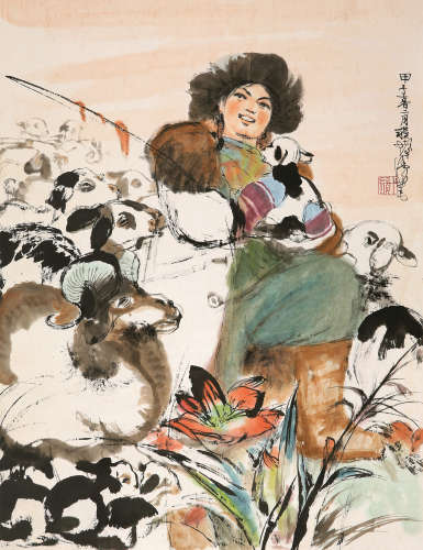 程十发（1921-2007） 1984年作 少女牧羊 立轴 设色纸本