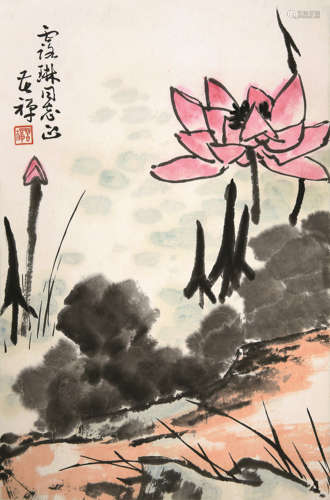 李苦禅（1899-1983） 荷花 立轴 设色纸本