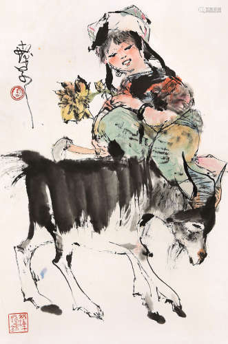 程十发（1921-2007） 少女牧羊 立轴 设色纸本