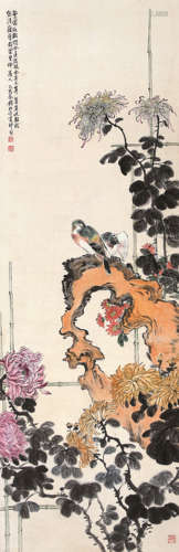 钱松喦（1899-1985） 1945年作 繁霜秋菊 立轴 设色纸本