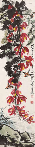 唐云（1910-1993） 芙蓉山雀 立轴 设色纸本