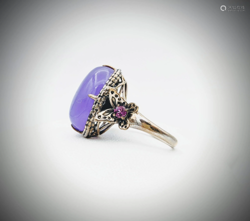 925 SS Sz 7 Oval Violet Jade Ring w Amethyst &