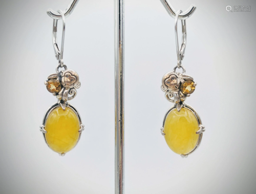 925 SS Monkey Earrings w Yellow Jade & Golden Citrine