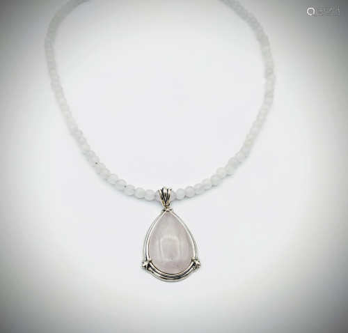 Beaded White Onyx Necklace w Rose Quartz Pendant
