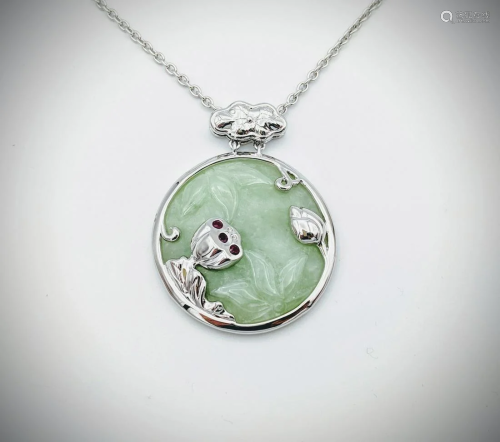 925 SS Necklace & Engraved Jade Pendant w Raw Rubies
