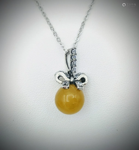 Necklace & Round Yellow Jade Pendant w Bow and CZ