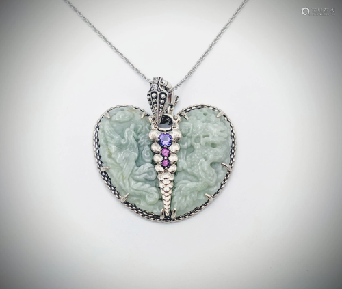 Dragon Engraved Heart Pendant w Jade's, Amethyst, Pink