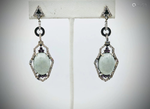 Dangly Jade Cocktail Earrings w Pink Amethyst, CZs &