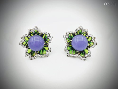 Flowering Violet Jade Earrings w CZs and Green