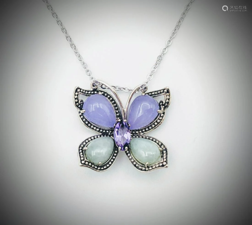 Necklace & Butterfly Pendant w Violet Jade, Jade &