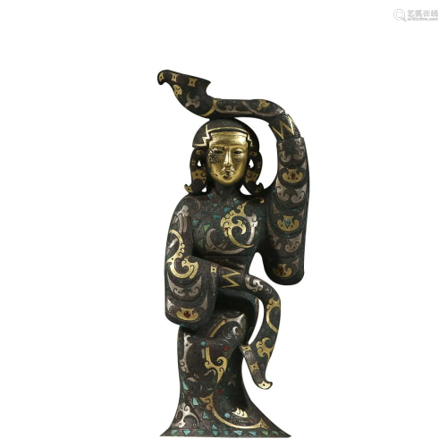 GOLD AND SILVER-INLAID BRONZE FIGURE OF MAIDEN